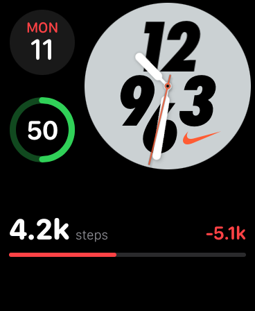 Apple Watch face with a Pacer complication showing live step delta.